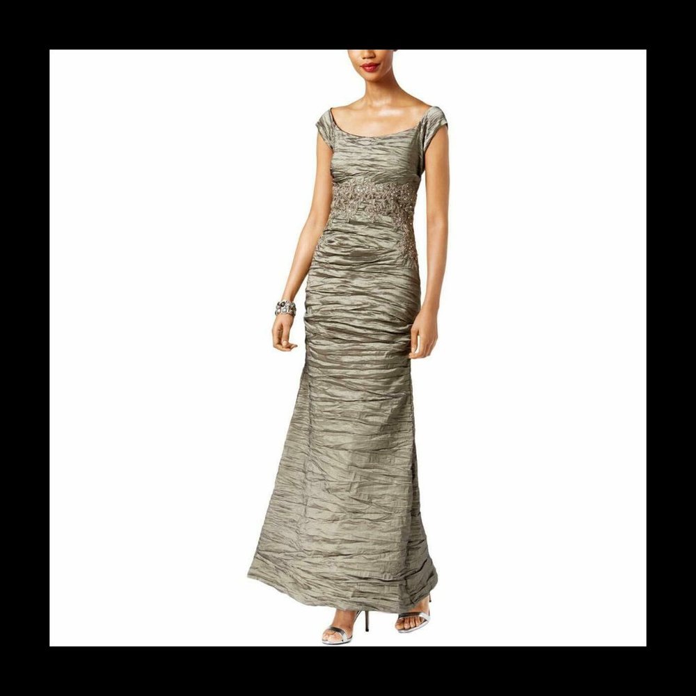 Alex Evenings Pewter Crinkle Fitted Floral Embroidered Dress Gown Size 4 NWT